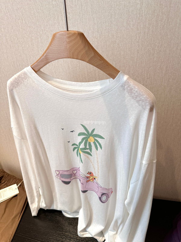 Korean Brand @Stunning* "Island Hopping" Dog and Coconut Tree Print Slightly Sheer Cool Sun-Protective Long-Sleeve Cover-Up Shirt