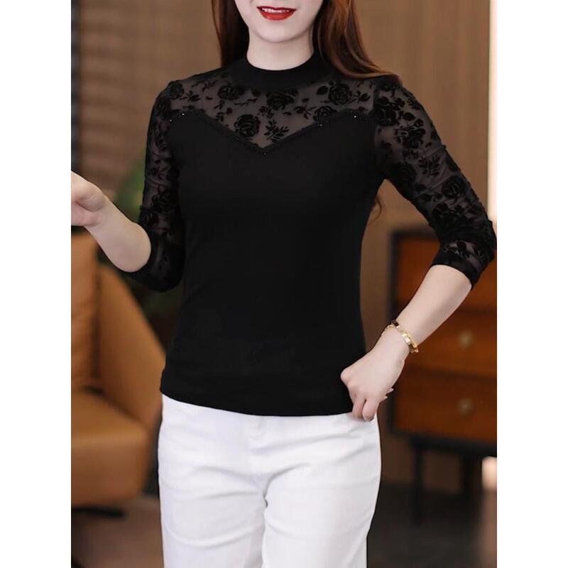 Lace Patchwork High-End Base Shirt for Women, 2026 Autumn New Style, Mesh with Rhinestones, Long-Sleeved, Slim-Fit, Stylish and Versatile Top Lace Patchwork High-End Base Shirt for Women, 2026 Autumn New Style, Mesh with Rhinestones, Long-Sleeved, Slim-Fit, Stylish and Versatile Top