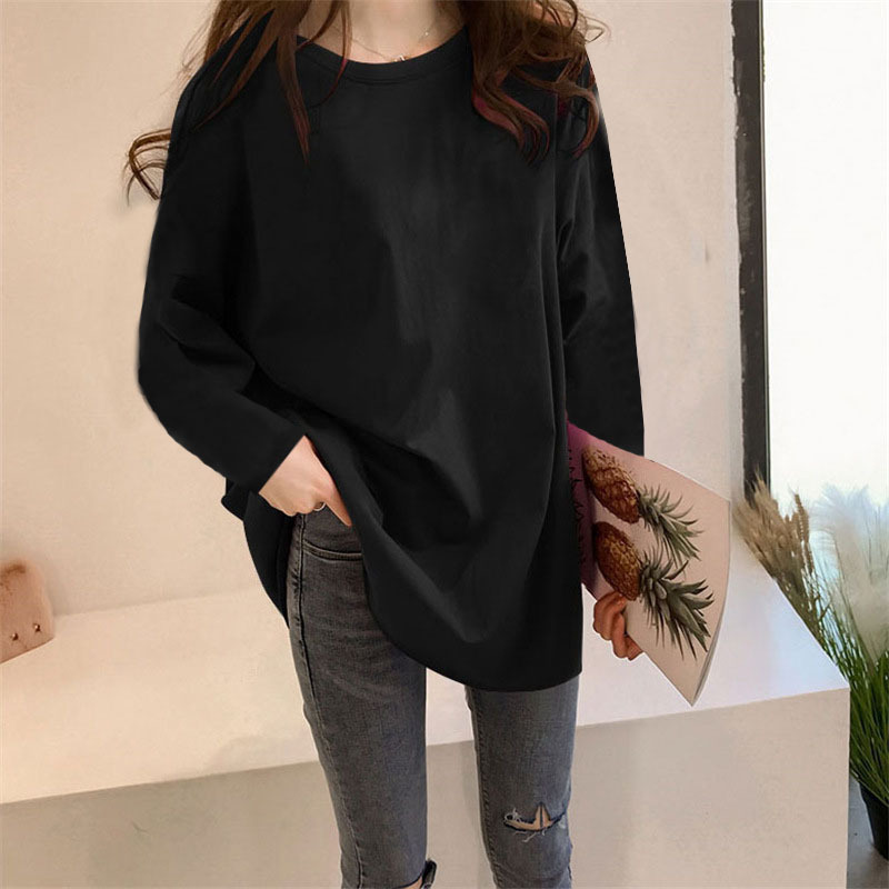 Korean Style Spring and Autumn Plus-Size Women's Clothing, Medium-Length Loose Solid Color Long-Sleeve T-Shirt, Pure Cotton Black Slimming Base Shirt