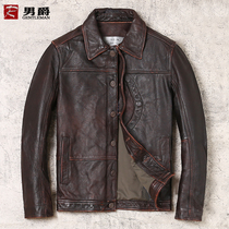Factory direct sale mens vintage old cowhide slim lapel casual leather jacket single row buckle mens coat