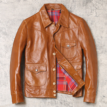 Mens oil wax head layer calfskin leather leather fashion lapel buckle jacket short motorcycle leather jacket men