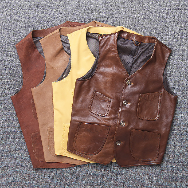 Special price First layer cowhide leather leather men's Japanese vintage vest Slim-fit waistcoat sleeveless riding suit vest