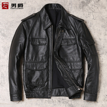 Mens first layer calfskin leather outdoor hunting leather jacket locomotive clothing leather American casual overalls leather jacket