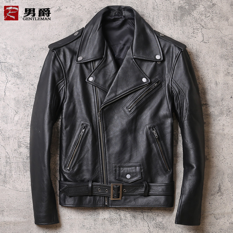 Korean Version Men Genuine Leather Leather Clothing Head Layer Cow Leather Youth Repairs-up Handsome Gas Locomotive Clothing Leather Jacket Cable-stayed Jacket Tide