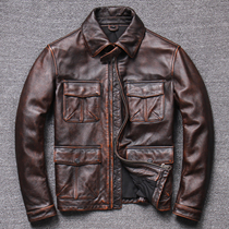 Autumn leather leather leather mens washing old hunting leather jacket top layer calfskin American casual overwear jacket