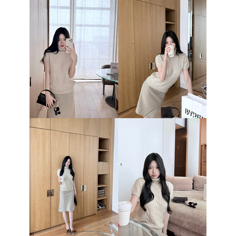 Laareetoo Liuliuliu's Same Style Wool Turtleneck Short-Sleeved Cable Knit Sweater for Women, Autumn Elegant Knitted Top