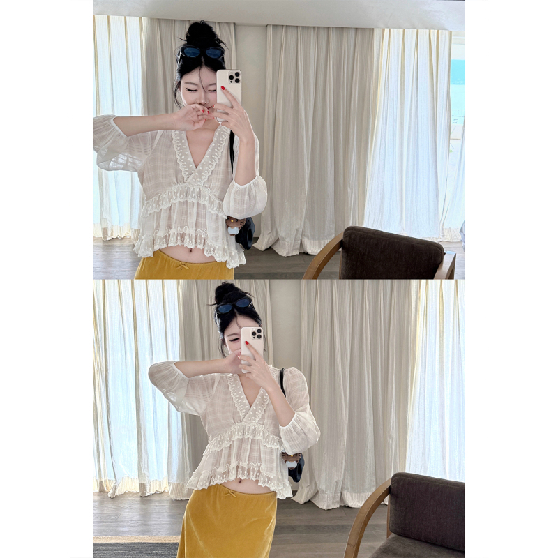 Laareetoo Heavy Lace Three-Quarter Sleeve Top for Women, Summer 2026 New Design, Stylish and Slimming Blouse