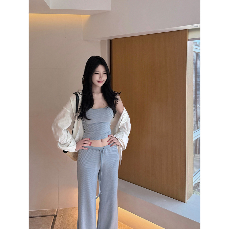 Laareetoo Striped Camisole Women's Summer Short Top Slimming Straight-Leg Casual Pants Set