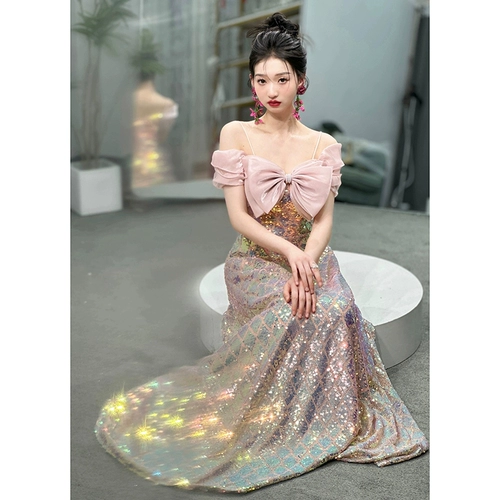 Женское вечернее платье большого размера на одно плечо, новинка 2025 года, легкая, роскошная, нишевая, толстая, блестящая, длинная юбка для экзамена, длинная юбка