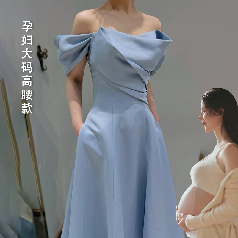 Blue Satin Evening Dress, Light Luxury, High-End Feel, Plus Size, Suitable for Art Exams, Graduation, Hostess, Annual Meeting, Dress for Plus-Size Women, Slimming Effect