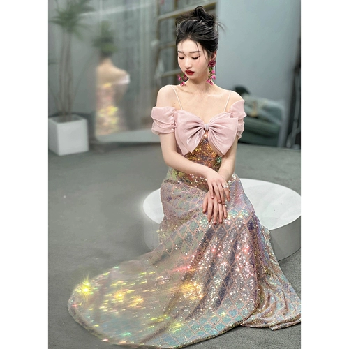 Женское вечернее платье большого размера на одно плечо, новинка 2025 года, легкая, роскошная, нишевая, толстая, блестящая, длинная юбка для экзамена, длинная юбка