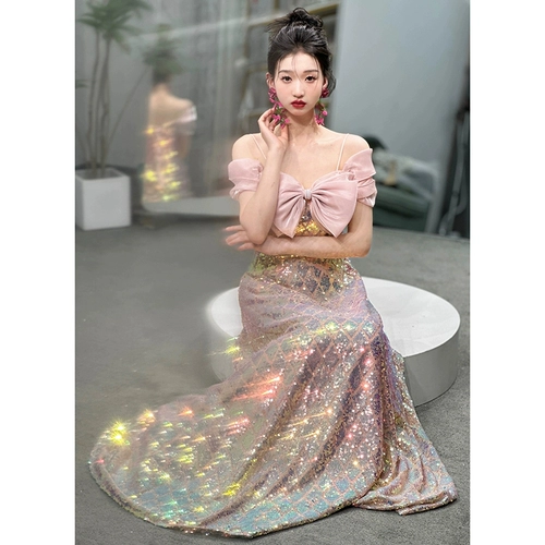 Женское вечернее платье большого размера на одно плечо, новинка 2025 года, легкая, роскошная, нишевая, толстая, блестящая, длинная юбка для экзамена, длинная юбка