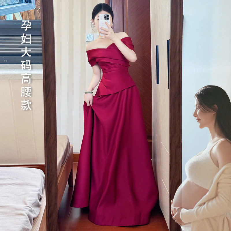 Maternity Plus-Size Toast Dress, Simple Satin Red Engagement Dress, French-Style Plus-Size Bride Wedding Robe Dress