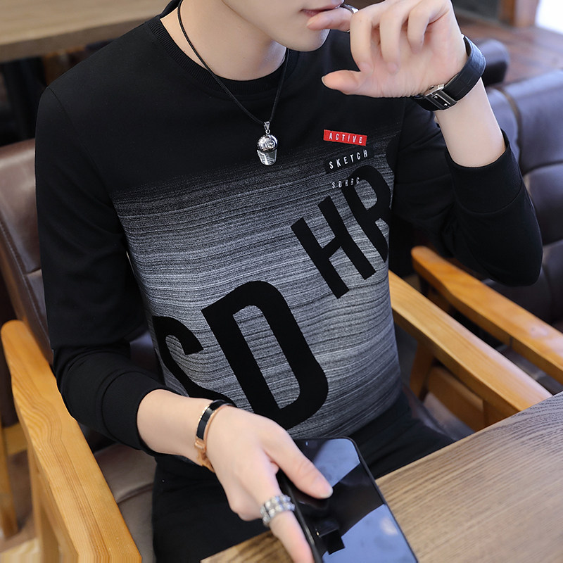 Tide brand long-sleeved T-shirt men's printed letter pattern Korean version top clothes round neck thick cotton T men's autumn bottoming shirt