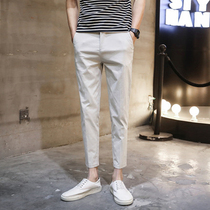 Korean version Mens casual pants trendy small footed 90% pants 100 hitch pure color embroidered teenager low waist length pants