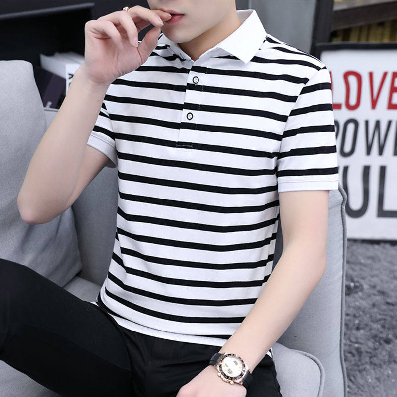 Hong Kong Tide Paddle Polo Shirts Men Short Sleeves T-shirts Fixed Black and White Strip Strip Blade Blade and Man's Hundred Fashion Cover