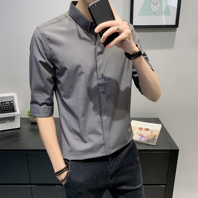 Korean slim and handsome five-point sleeve shirt men's trend seven-five-point sleeve short-sleeved long-sleeved inch coat top casual summer