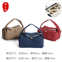 Tea set storage bag portable Chinese pure color retro Zen thick cotton and linen handmade two pots four cups 6-grid carrying bag