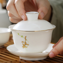 Sheep Jade Cover bowl tea cup tea bowl large tea set ceramic tea set not hot single white porcelain kung fu three talent