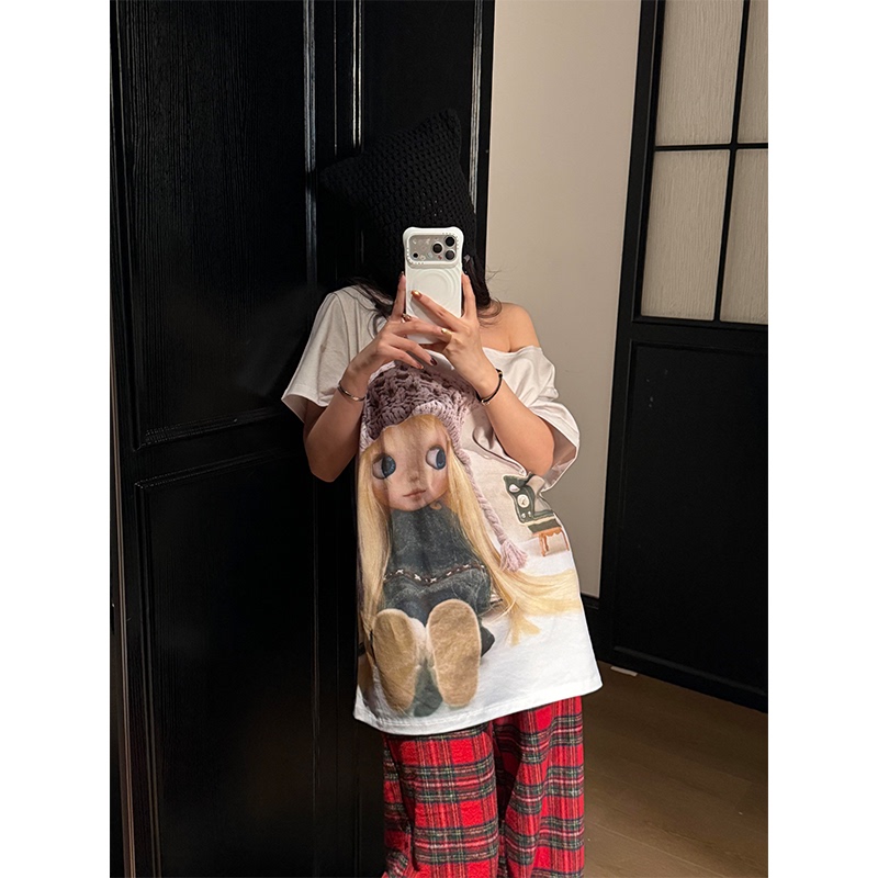 American Retro Cartoon Doll Print Pure Cotton Off-Shoulder Short-Sleeve T-Shirt for Women, Summer Loose Casual Versatile Top Trendy