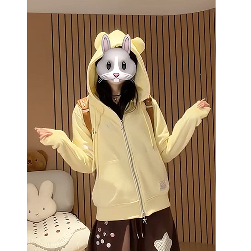 Sweet and Cute Bear Ear Hooded Cardigan Sweatshirt for Men and Women, Early Spring and Autumn, Lazy Loose Double Zipper Jacket, Trendy Brand