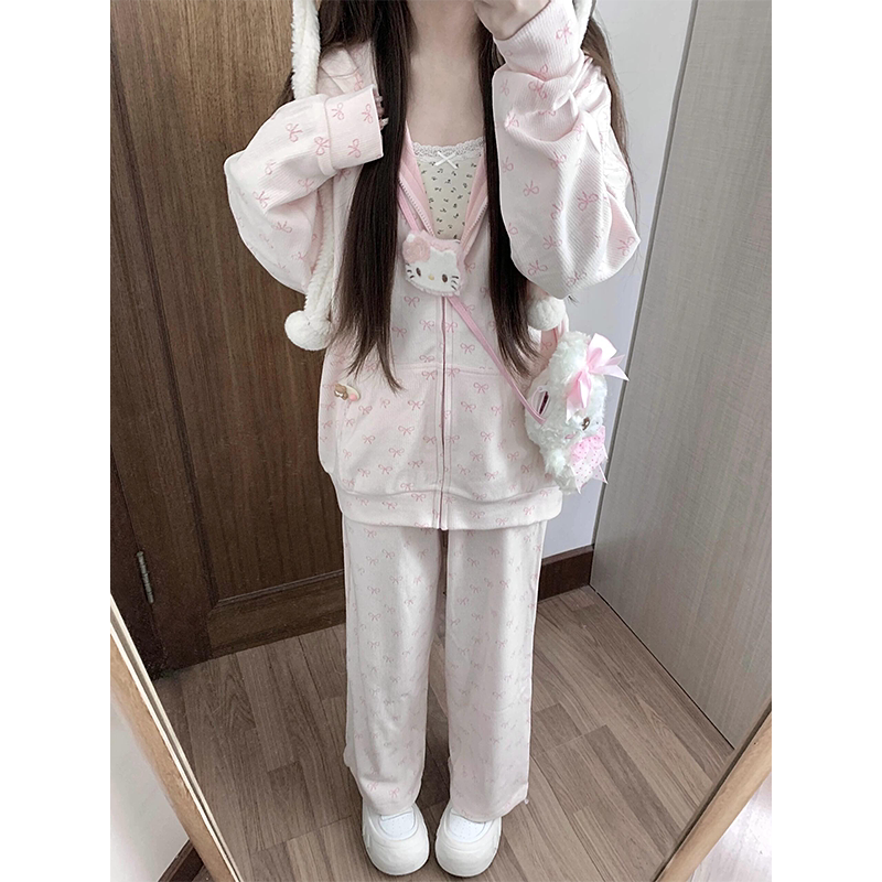 Sweet Style All-Over Printed Bow Hooded Sweatshirt Cardigan for Women, Early Autumn 2026 New Unique and Beautiful Jacket for Petite Figures