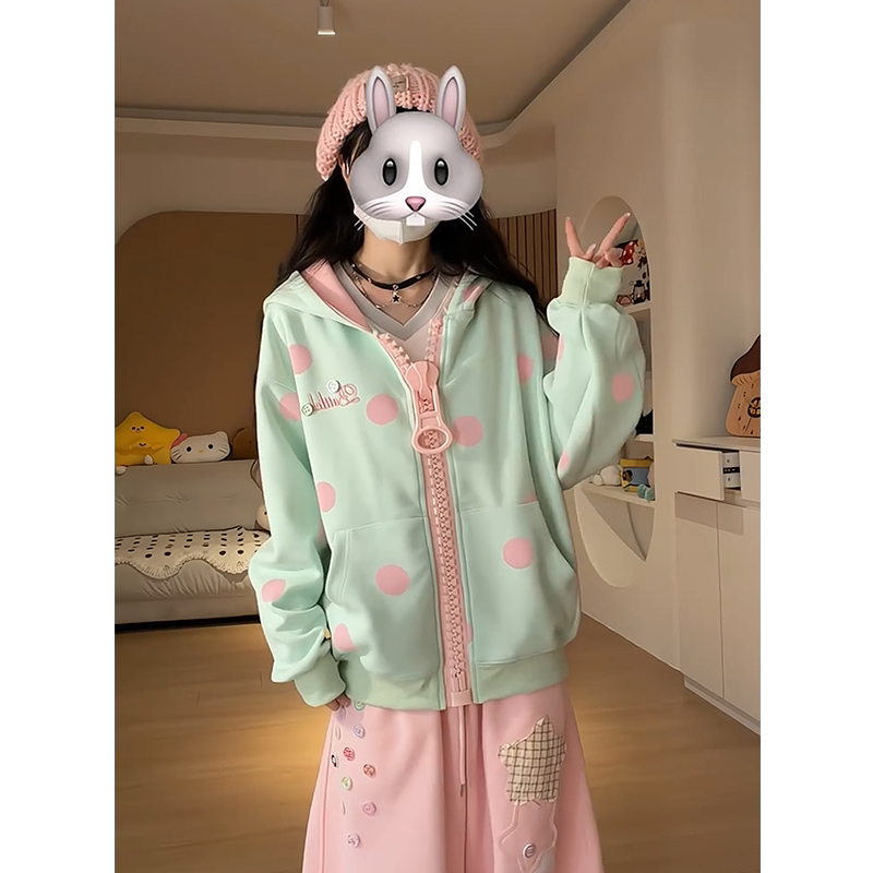 Sweet and Cute Polka Dot Print Hooded Cardigan Sweatshirt for Women, Autumn and Winter Loose Zipper Dopamine Color-Block Jacket
