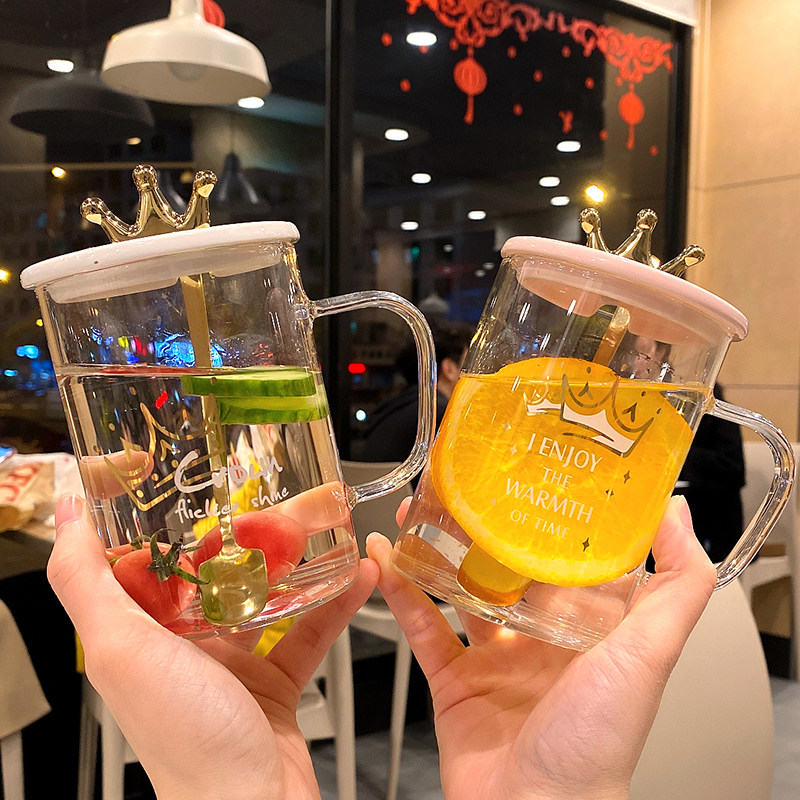 Creative Personality Glass Mark Cup With Lid Spoon Drinking Water Mug Tide Lovers men and women Home Milk Coffee Cups