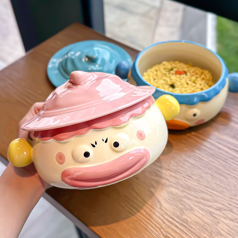 Clown-Style Ceramic Instant Noodle Bowl with Lid and Handle, Cute and Creative, Quirky Wide-Mouth Large Soup Bowl for Dormitory Students Clown-Style Ceramic Instant Noodle Bowl with Lid and Handle, Cute and Creative, Quirky Wide-Mouth Large Soup Bowl for Dormitory Students