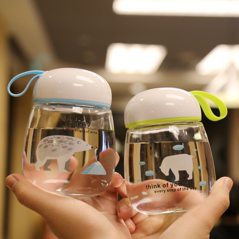 Mini glass cup beanie cup with lid polar bear penguin cute portable accompanying cup Korean student female