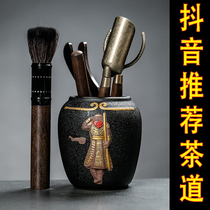 Kung Fu tea accessories Pure copper wood tea ceremony 6 Junzi ebony solid wood Six Junzi set Tea clip Tea spoon Tea needle knife