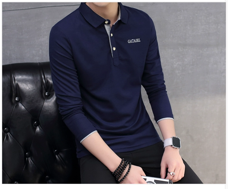 Mùa thu người đàn ông mới của dài tay leader T-Shirt cotton slim ve áo polo áo sơ mi kinh doanh bình thường cổ áo sơ mi áo thun 3 lỗ nam