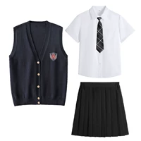 Sweater, shirt, mini-skirt, tie, badge, with short sleeve