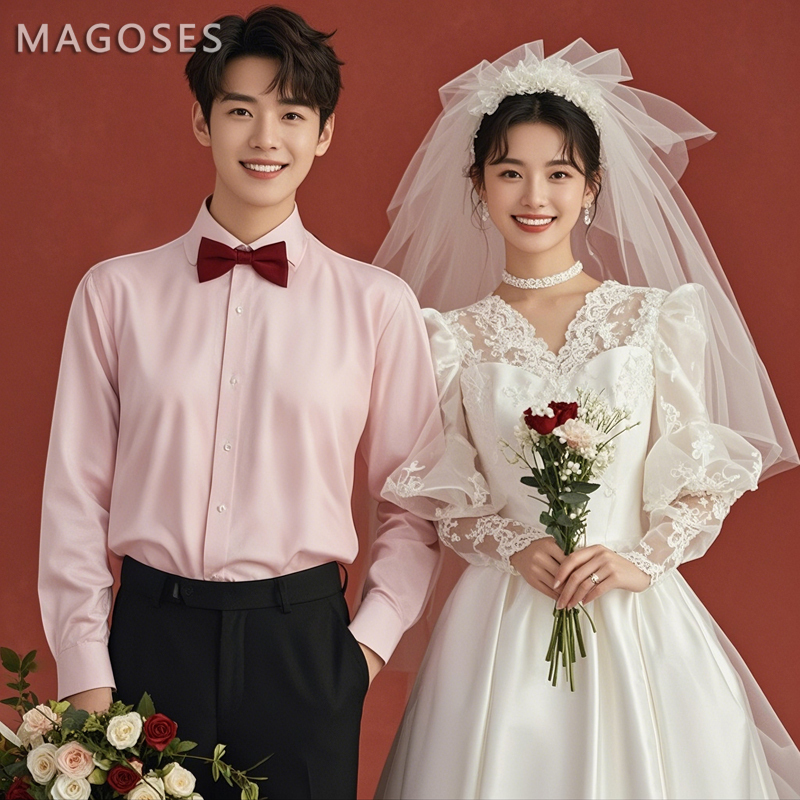 Groom's Shirt, Men's Long-Sleeved Slim-Fit Formal Shirt, Groomsmen's Engagement, Wedding, Wedding Suit, Pink Clothes