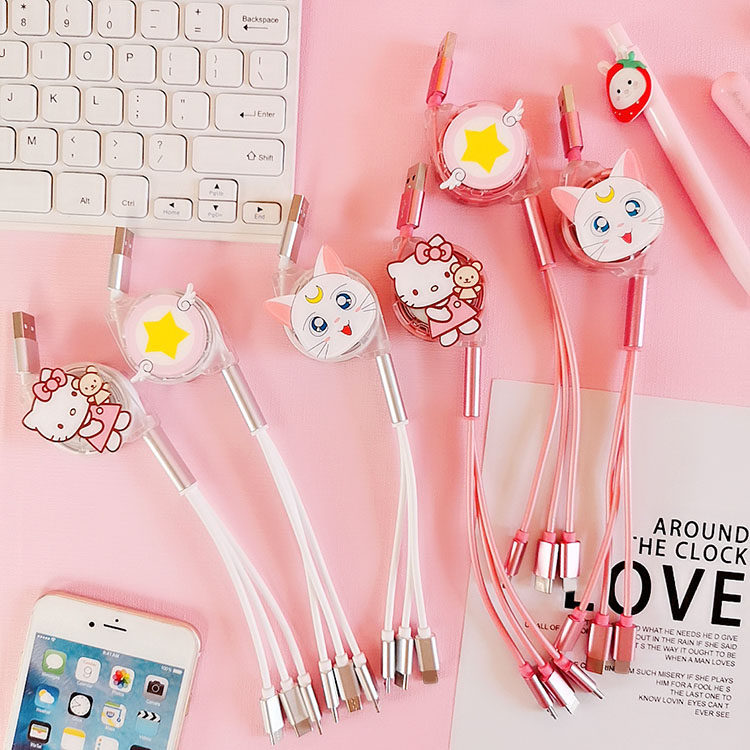 One drag triple telescopic data line André three-in-one versatile universal Type-c multi-head fast charging wire instrumental cartoon