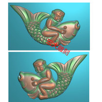 Carved figure relief figure grayscale figure stone carving stone tombstone figure boy holding fish ears horns flower carp