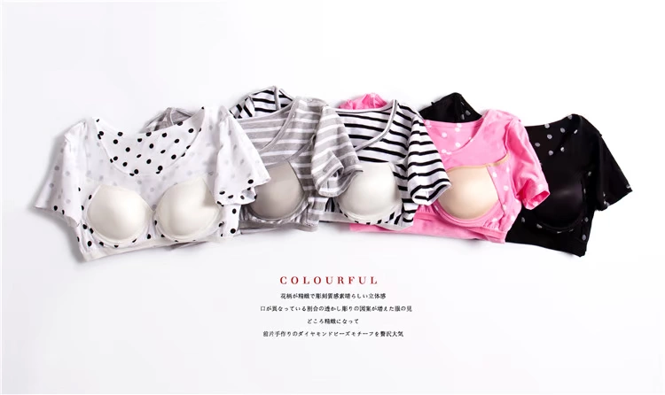 Nữ mùa hè và mùa thu với bộ đồ ngủ ngực ngắn tay cotton modal bra miễn phí mặc áo ngực nửa tay áo váy ngủ đầm nữ de thương