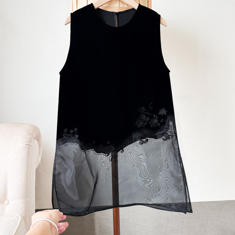 100% Mulberry Silk Velvet Vest for Women, Summer National Style Embroidery, Round Neck, Sleeveless, Patchwork, Casual Silk Velvet Top
