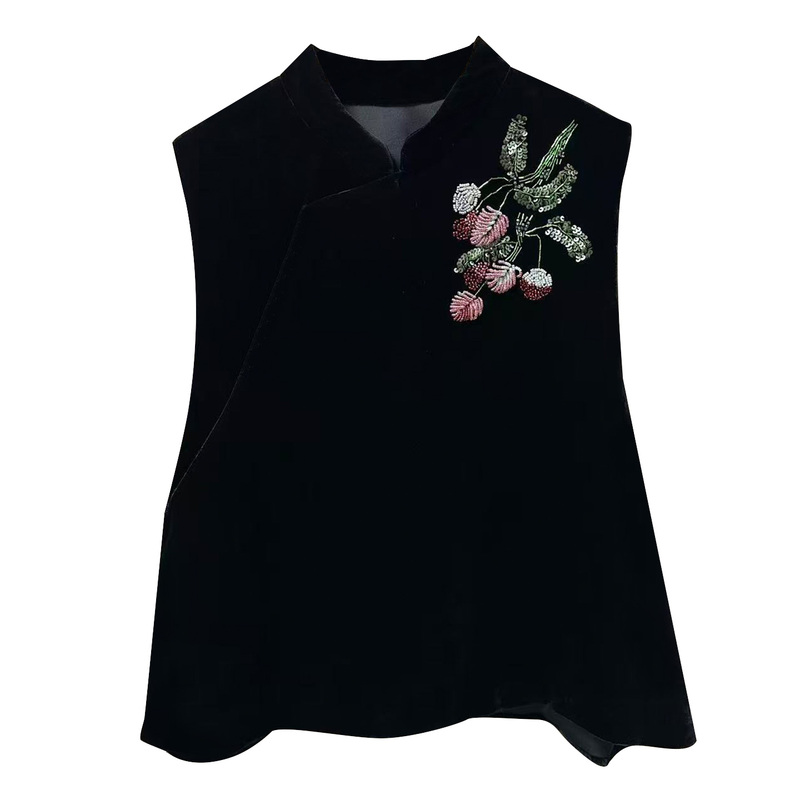100% Mulberry Silk Velvet Vest for Women, New Chinese Style Stand Collar, Asymmetrical Placket, Loose Sleeveless, Elegant and Versatile Silk Velvet Waistcoat