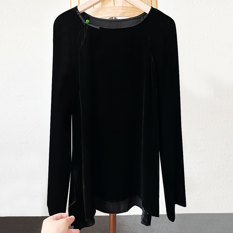100% Mulberry Silk Top for Women, Loose-Fitting Base Shirt, Versatile, Casual, Elegant, Slimming, Black Silk Velvet Long Sleeves