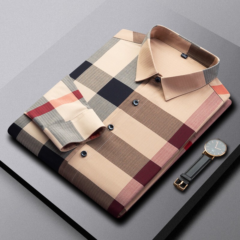 2026 Spring New High-End Fashion Non-Iron Men's Long-Sleeve Shirt Striped Plaid 100% Cotton Business Shirt Trendy