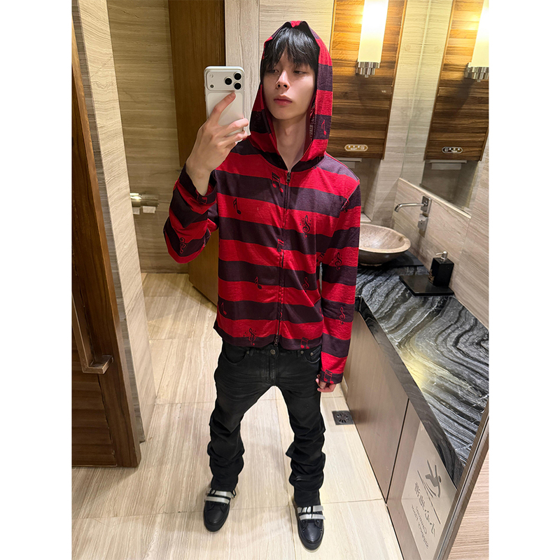 Striped Musical Note Color-Blocked Lyocell Tencel Zip-Up Hoodie Sweatshirt for Men and Women, Light Asian Style Y3K Street Breathable