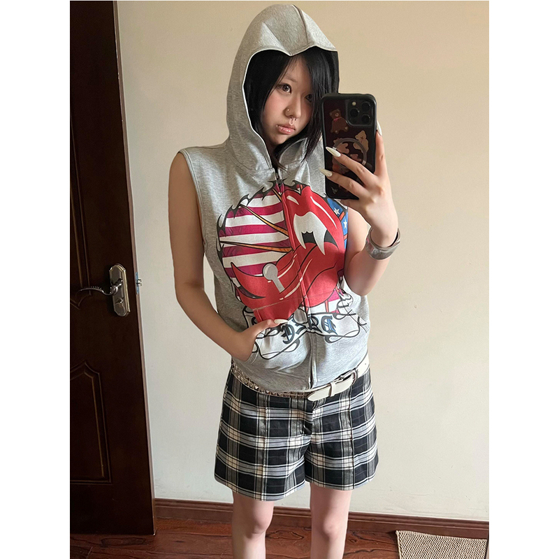 Funny Tongue-Piercing Rock Star Flag Print Street Style Heather Gray Spring/Summer Hooded Vest Unisex Y2K Light Asian Style