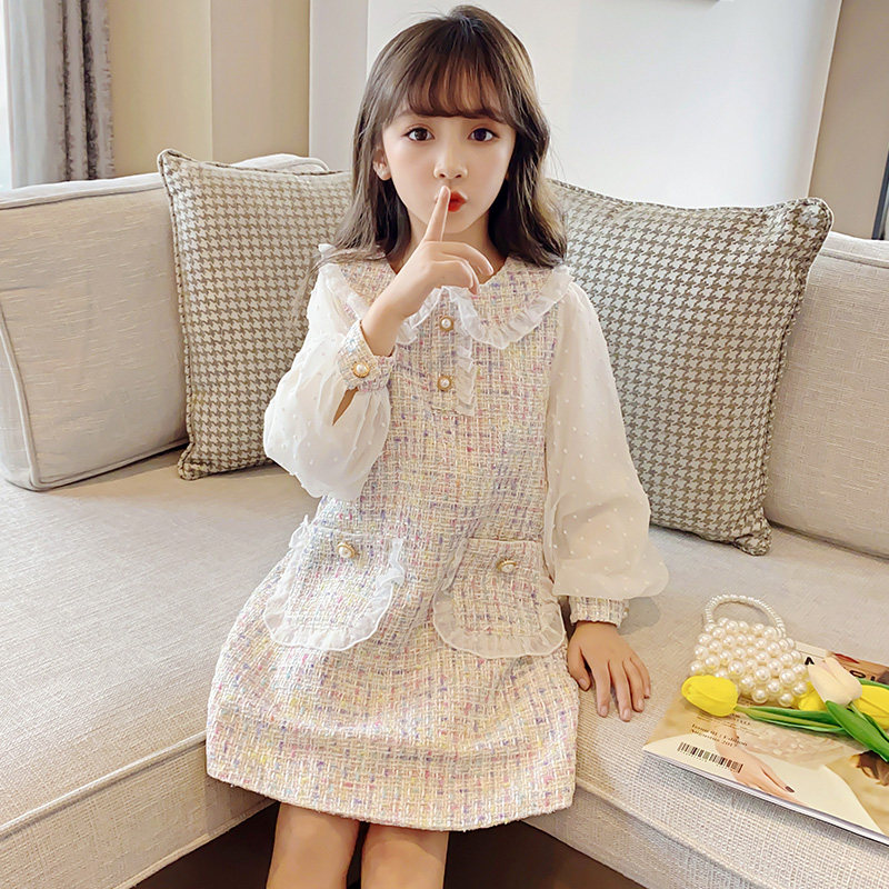 Girls' Fragrant Dress, Little Girl's Autumn Dress, Western Style, Doll Collar Princess Skirt, Big Children's Korean Lace Sleeve Skirt