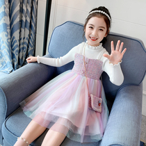 Girl autumn dress 2021 new childrens dress rainbow princess dress 7 baby girl foreign-style knitted yarn skirt 8