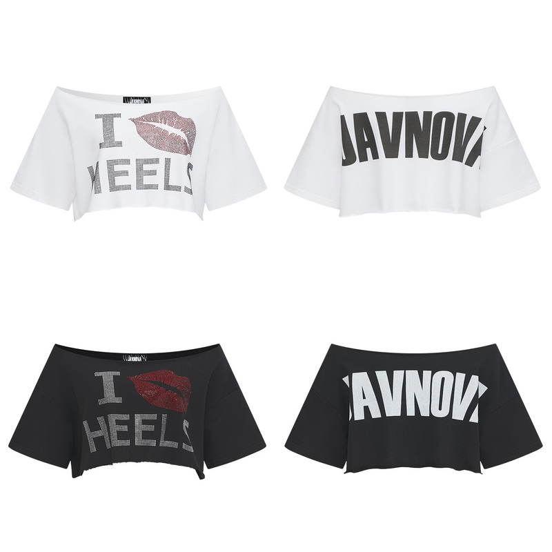 Javnova "I Love Heels" Original Rhinestone Reversible Off-Shoulder Crop Top Short-Sleeve T-Shirt Javnova "I Love Heels" Original Rhinestone Reversible Off-Shoulder Crop Top Short-Sleeve T-Shirt