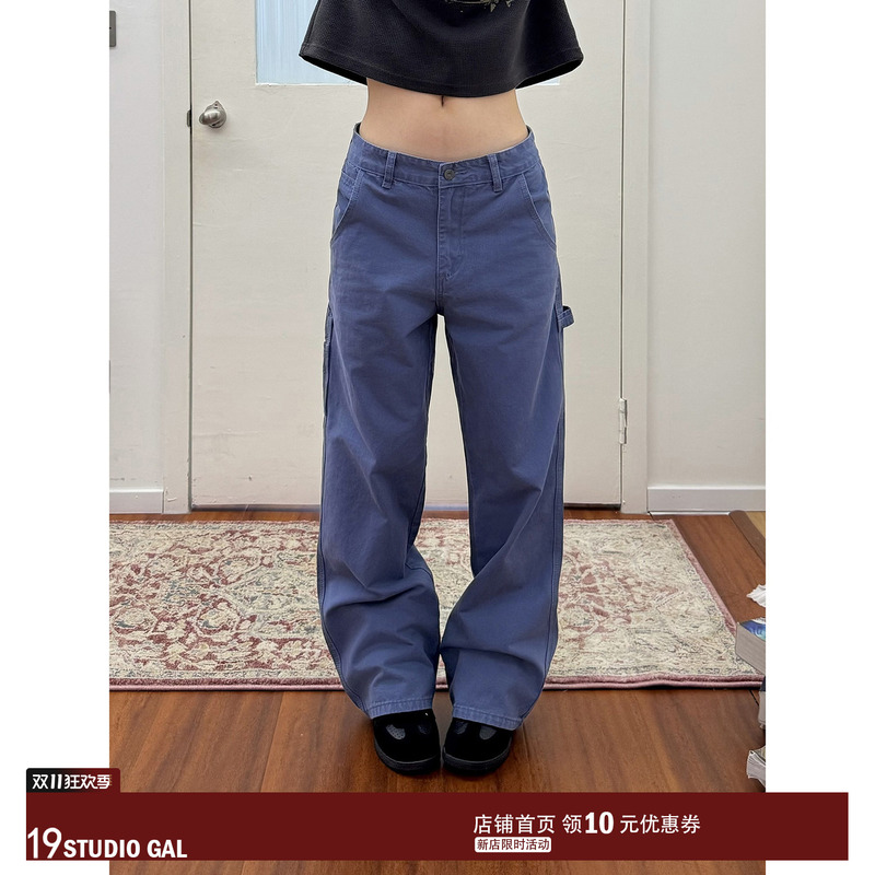 19Studio Gal American Retro Washed Vintage Blue Work Pants Loose Casual Versatile Straight-Leg Pants