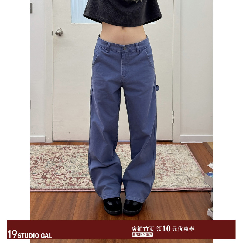19Studio Gal American Retro Washed Vintage Blue Work Pants Loose Casual Versatile Straight-Leg Pants 19Studio Gal American Retro Washed Vintage Blue Work Pants Loose Casual Versatile Straight-Leg Pants