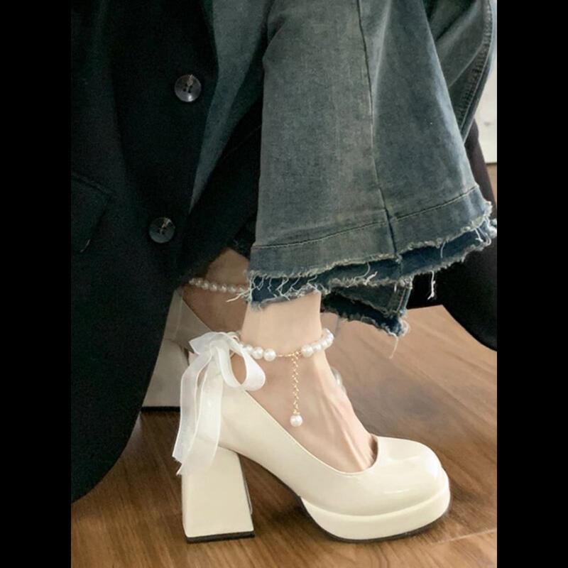 High-Heeled Leather Shoes for Women, Spring and Autumn 2026 New Style White Shoes, French Wedding Shoes, Retro Chunky Heel, Thick Sole, Height-Increasing Mary Jane Shoes
