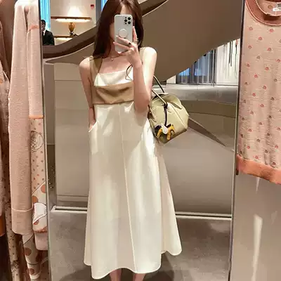 French retro color color design sense White pregnant women dress Women summer dress 2021 foreign pie sling Medium-length dress autumn